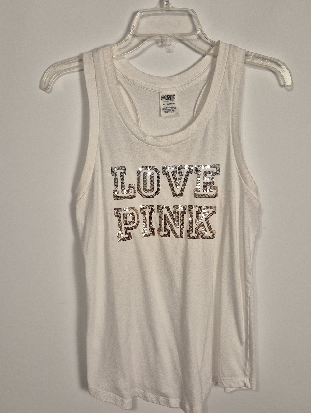 PINK Victoria’s Secret Sequin Love Pink Racerback Tank Top White Size Small
